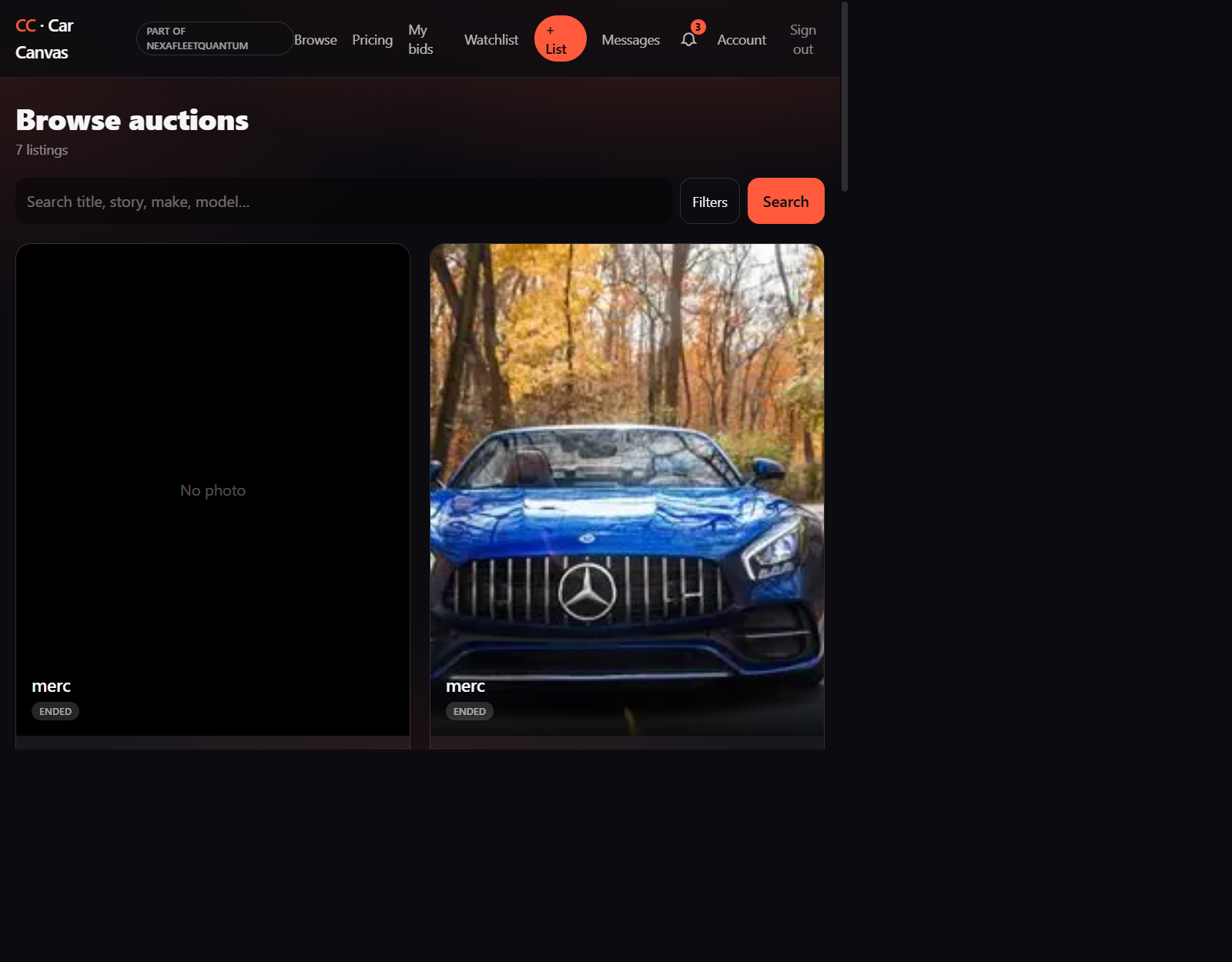 Browse live car auctions on Car Canvas