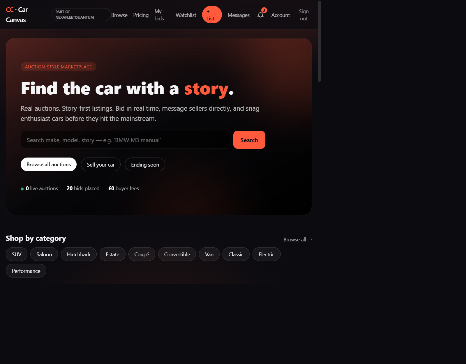 Car Canvas homepage — find the car with a story