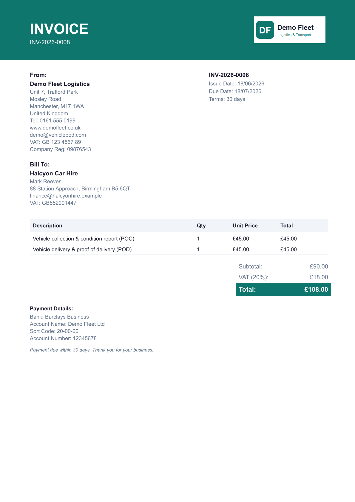 Branded VAT invoice with company logo, address, bank details and brand accent colour