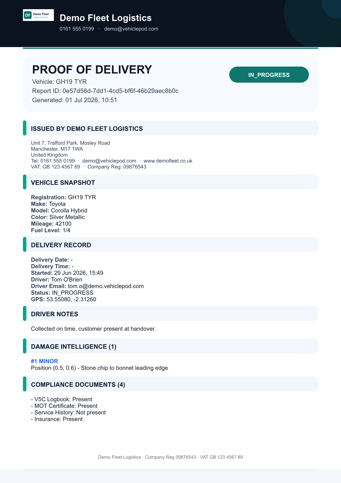 Proof of delivery report headed with company logo, branding and full company details