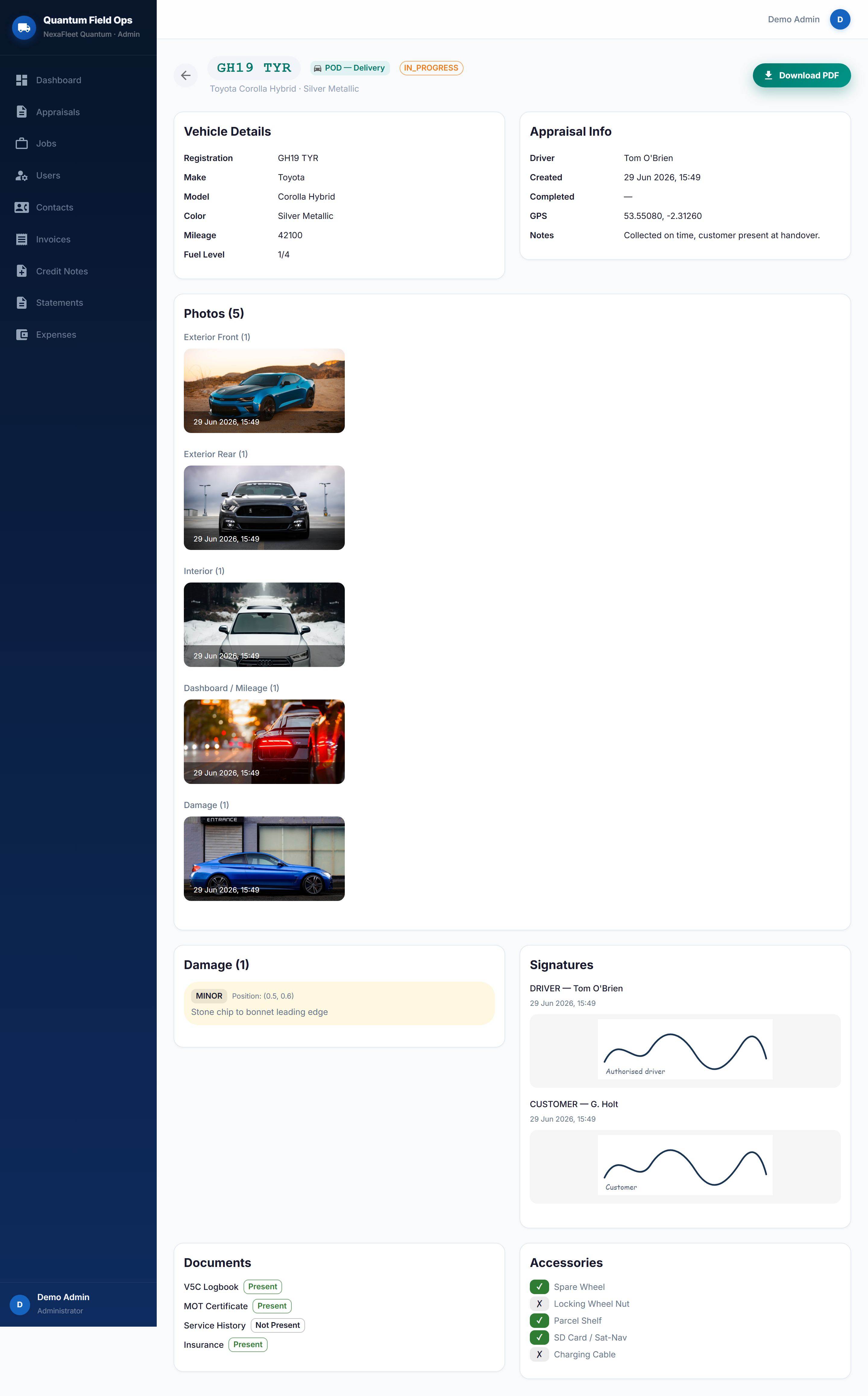 Full vehicle appraisal record with photos, damage, signatures, documents and accessories