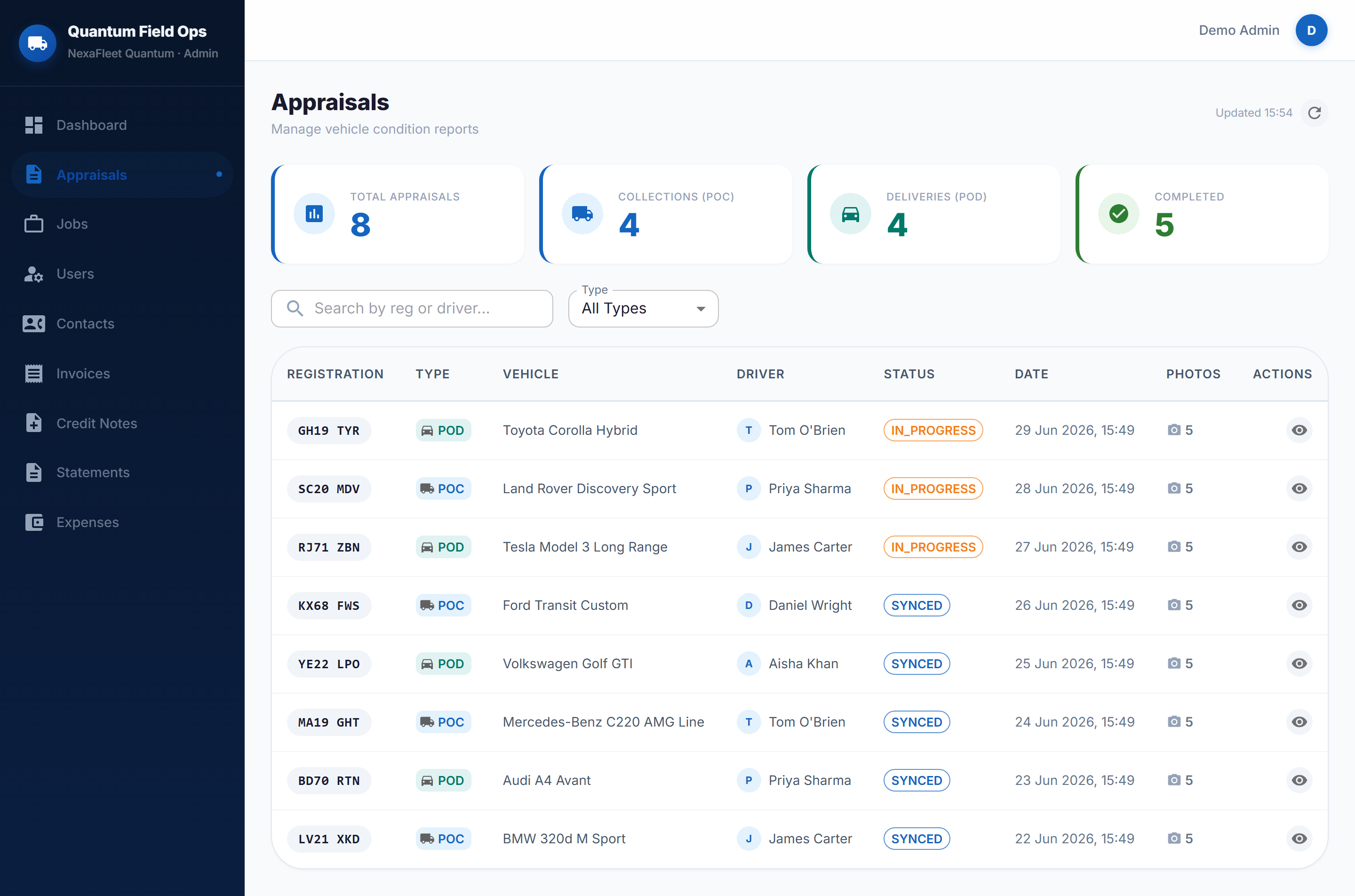 Appraisals table filtered by collection and delivery